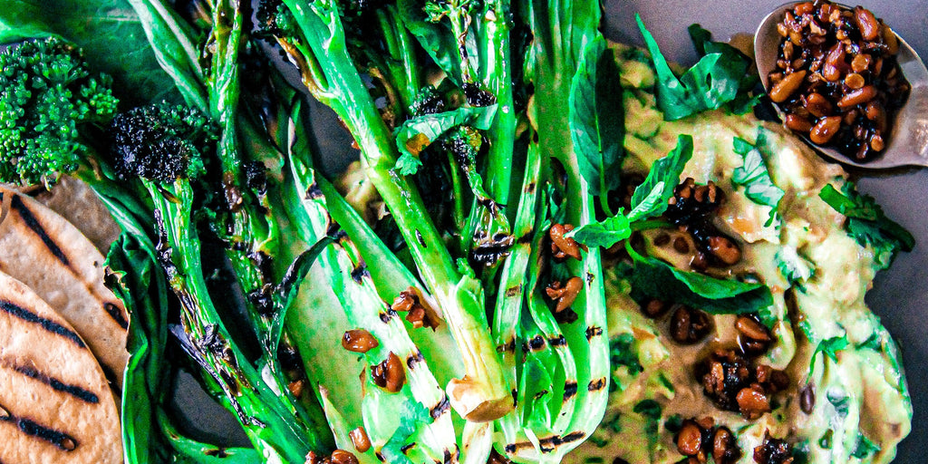 Chargrilled Greens with Avocado Jalapeño Coriander Smash and Chilli Crunch