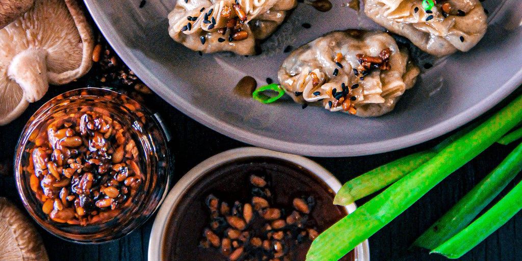 Veggie Dumplings with Hot Honey, Soy & Chilli Crunch Dipping Sauce